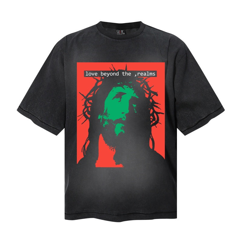 Saint Michael T Shirts Retro Acid Wash Black Tee Red-Green Contrast Religious Figure Text Front Graphic