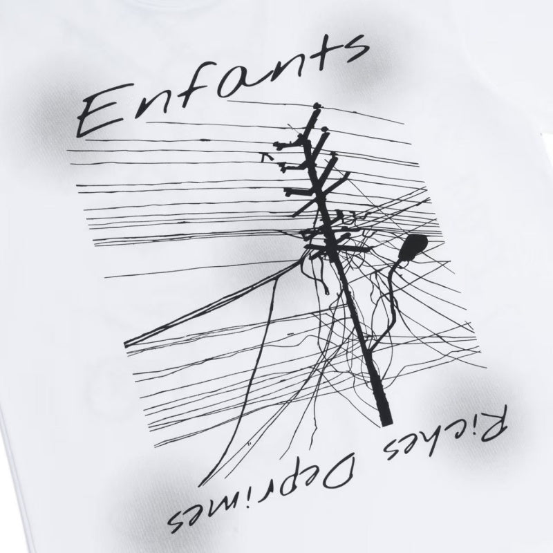 ERD T Shirts White Base Sketch Utility Pole Graphic Cursive French Text Print