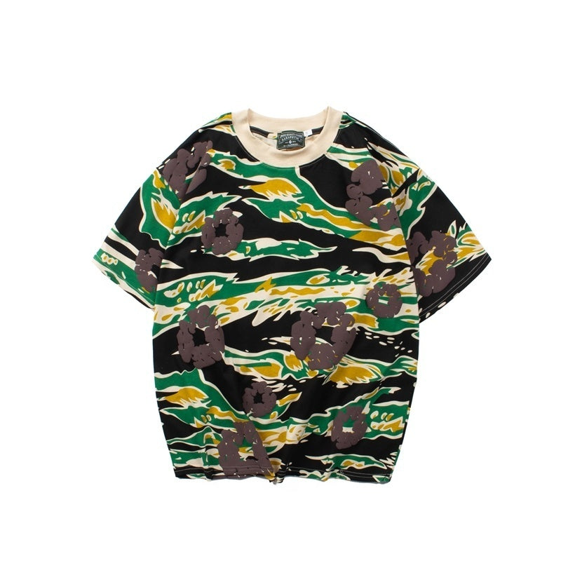 Denim Tears T Shirts Y2K Camouflage Cotton Wreath Floral Puff Printed Oversized Streetwear Tee