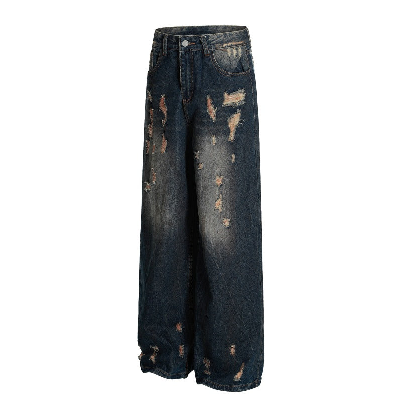 American-style streetwear harem pants Heavily Distressed Wide Leg Denim