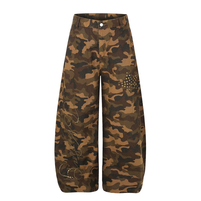 American-style streetwear harem pants Vintage Camo Stud Decor Wide Pants