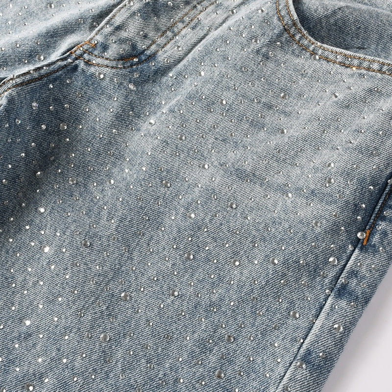 Purple brand Jeans High-quality pure cotton streetwear trousers Rhinestone-embellished loose straight-leg trousers Comes with a belt