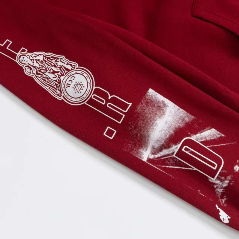 ERD Hoodie Burgundy Pigment Washed Oversized Pullover Chest Mini Emblem Circular Collage Portrait Back Print Allover Sleeve Graphics