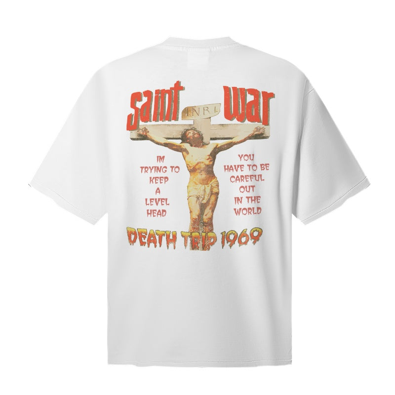 Saint Michael T Shirts Splash Color Background Crucifix Portrait Two-Tone Blue Text Front Graphic