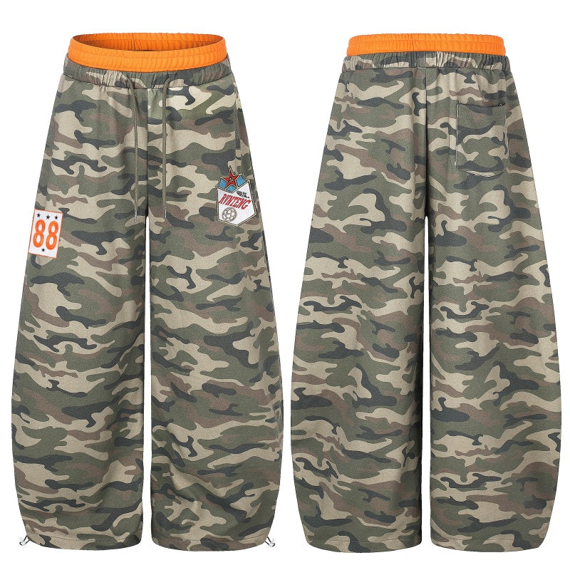 American-style streetwear harem pants Contrast Waist Camo Badge Graphic Loose Casual Pants