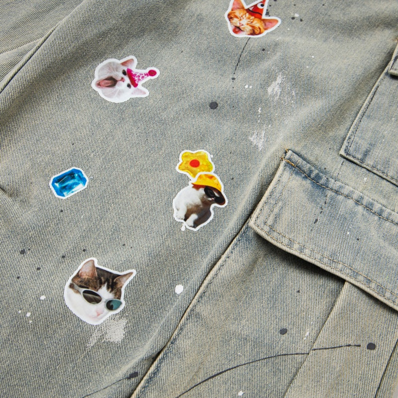 Street-style vintage Cropped trousers Retro Distressed Loose-Fit Wide-Leg Denim Cargo Shorts with Graphic Accents