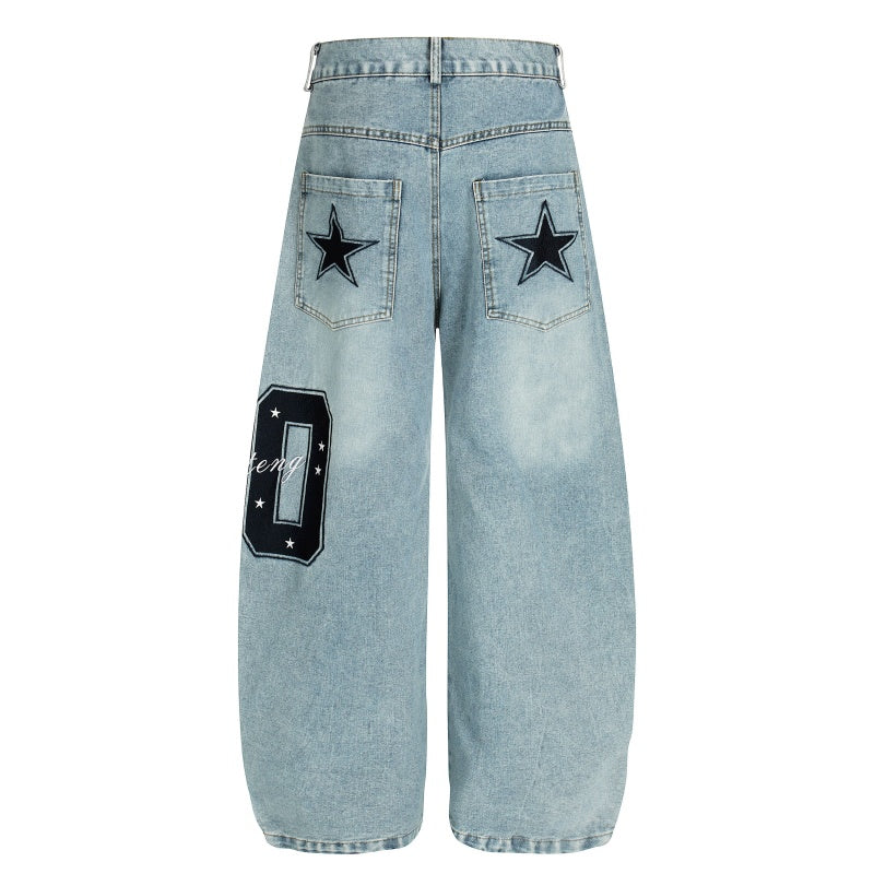 American-style streetwear harem pants Washed Star Embroidered Number Denim