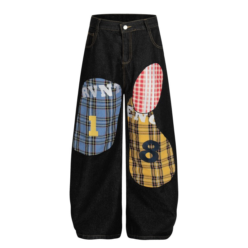 American-style streetwear harem pants Color Block Tartan Patch Baggy Denim