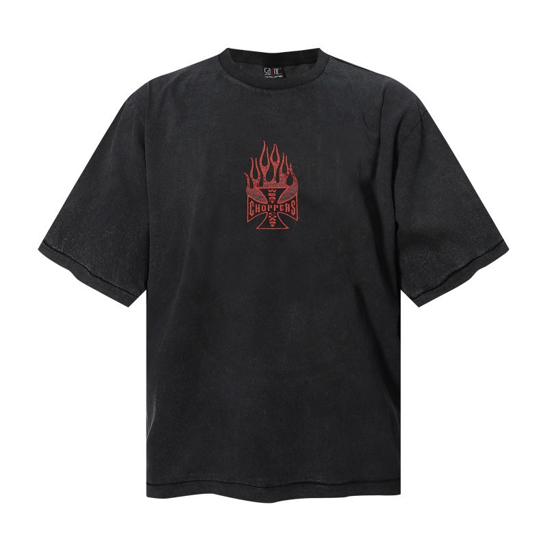 Saint Michael T Shirts  Retro Gradient Flame Iron Cross Double Sided Print Biker Casual