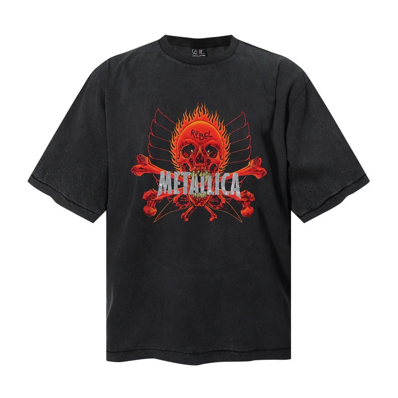 Saint Michael T Shirts Distressed Black Front Flame Skull Crossbone Back Dragon Demon Metal Band Streetwear Top