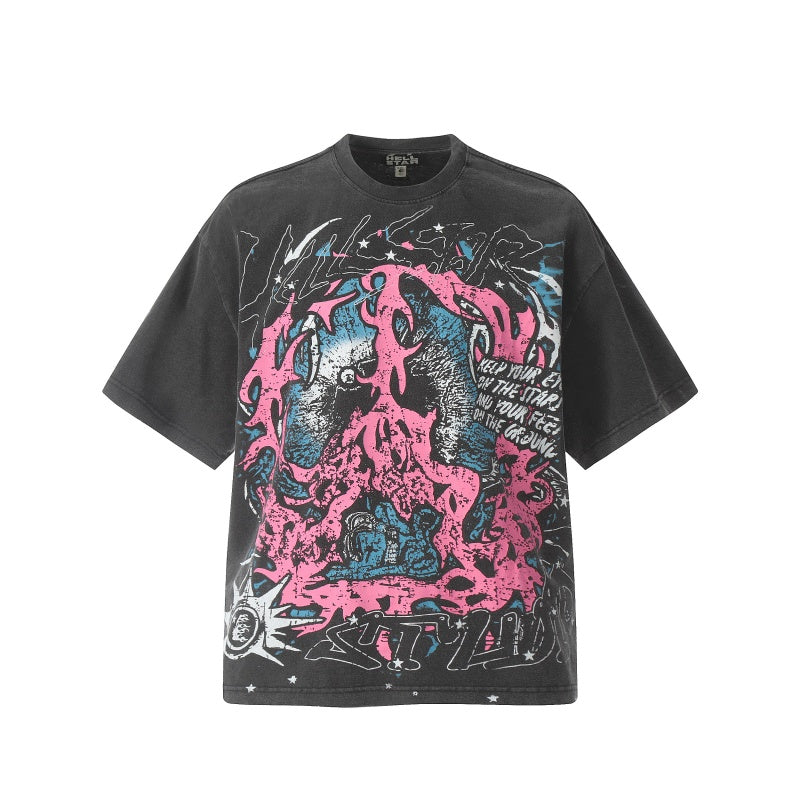 Vintage-style American T-shirt Faded Black Acid Wash Chaos Skull Art