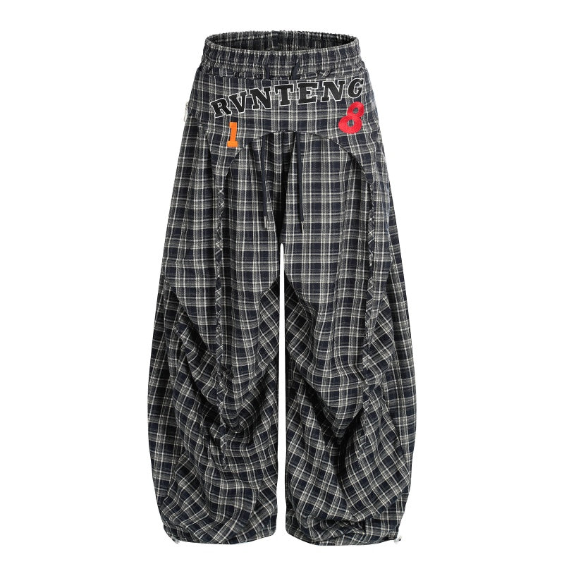 American-style streetwear harem pants Pleated Plaid Letter Number Wide Trousers