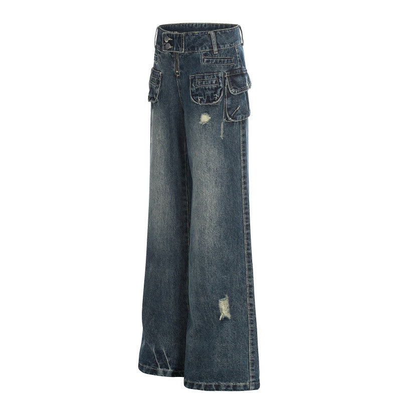 American-style streetwear harem pants Multi Pocket Ripped Vintage Flare Jeans