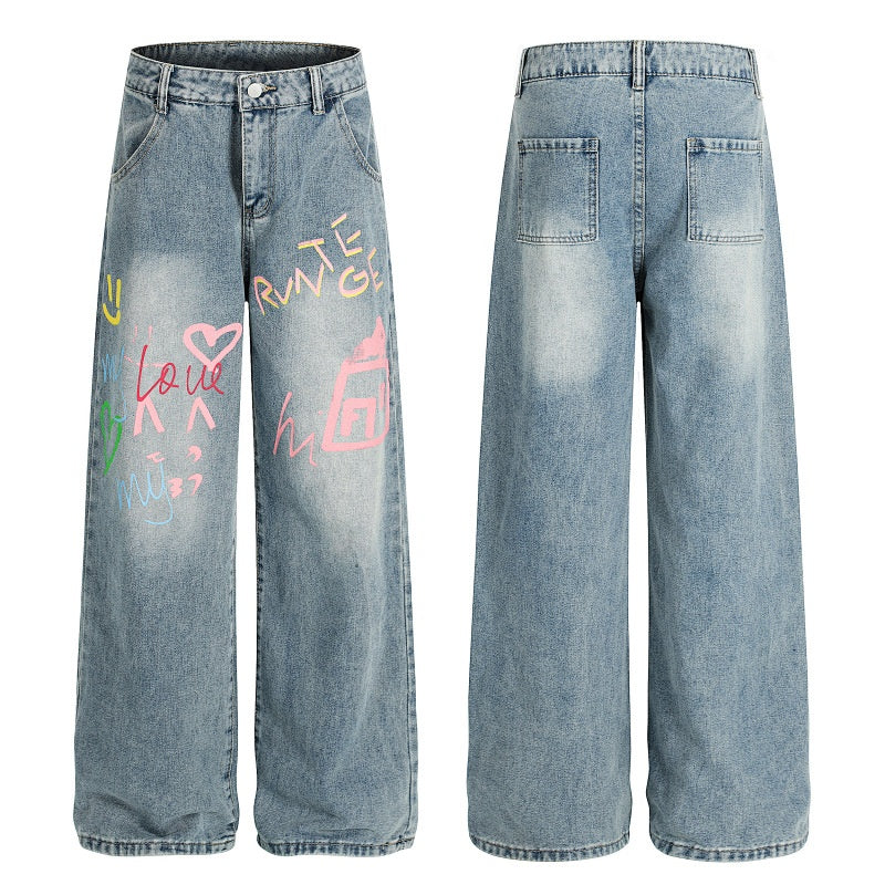 American-style streetwear harem pants Love Heart Graphic Relaxed Denim Bottoms