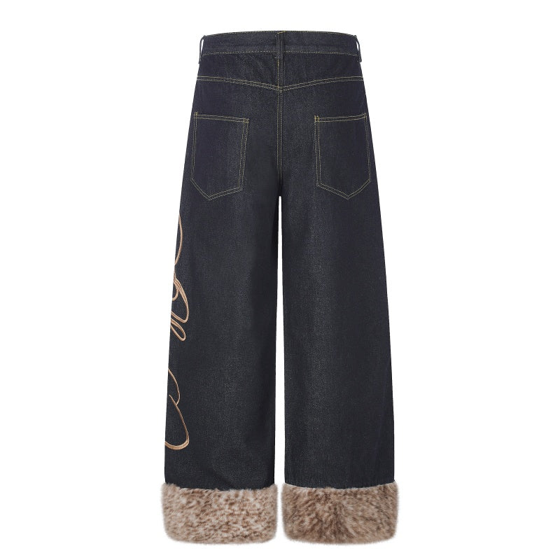 American-style streetwear harem pants Cursive Script Fur Cuff Wide Denim