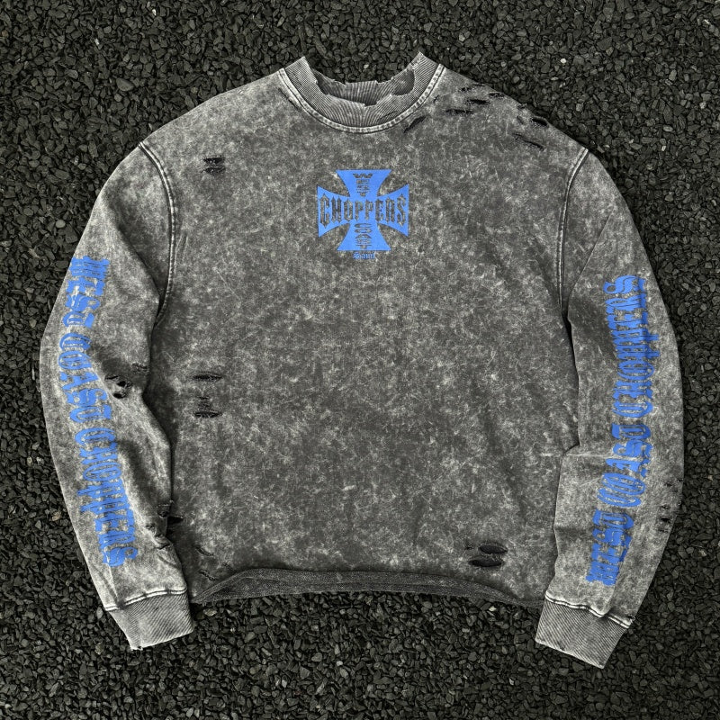 Unisex Vintage sweatshirt West Coast Biker "Blue Cross" Limited Edition Crewneck Sweatshirt – Heavyweight, Washed & Distressed Finish