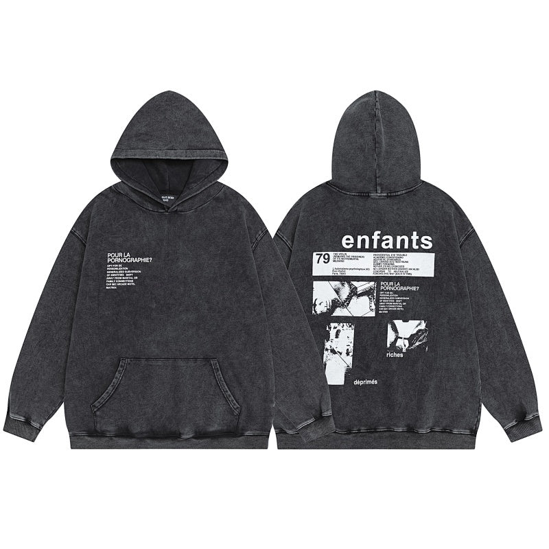 ERD Hoodie Washed Black Dual-Sided Text & Photo Patch Hooded Outerwear