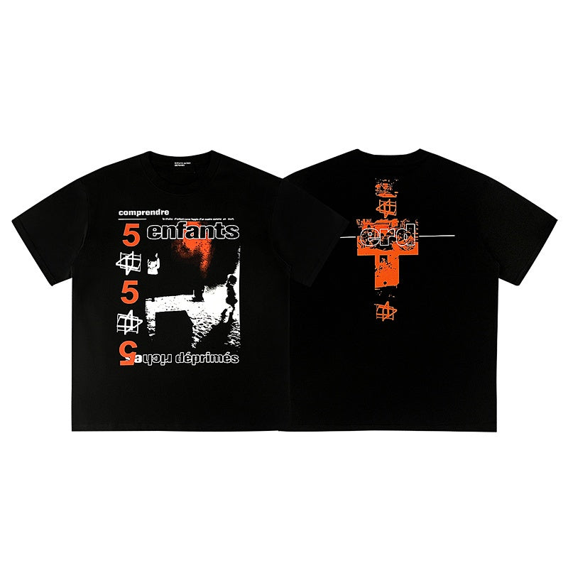 ERD T Shirts Number Text & Back Cross Print Relaxed Streetwear Top