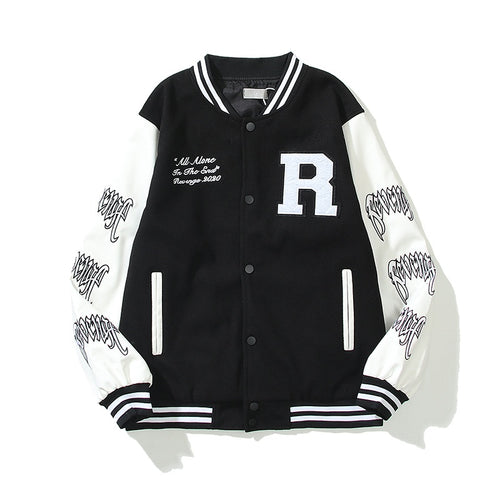 American-style baseball jacket Revenge Varsity Padded Jacket with Skull Embroidery and Leather Sleeves