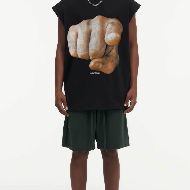 BIG FACE Drop-Shoulder Tank Top High-street vintage style featuring a small neckline, white-ink digital direct-to-garment (DTG) printing, and a heavy-duty, distressed wash finish; crafted from 260g double-yarn plain-knit fabric.