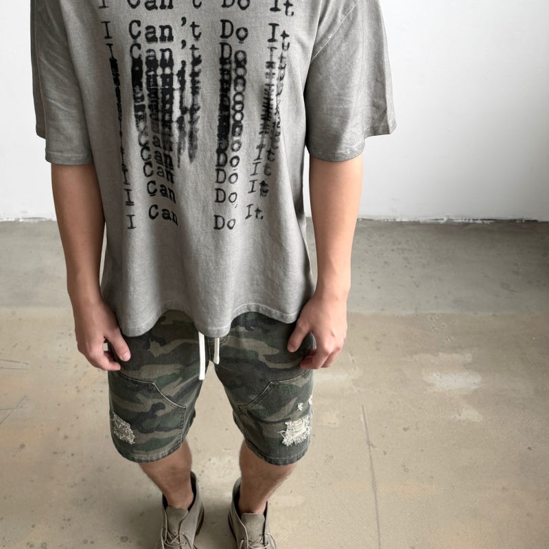 Unisex Vintage T Shirts SAINT MICHAEL x CHO "Omnipotent" Limited Edition – High-Street Short-Sleeve Tee featuring Direct-to-Garment (DTG) white ink printing, heavy-duty distressed wash finish, and a unique cement-grey colorway.