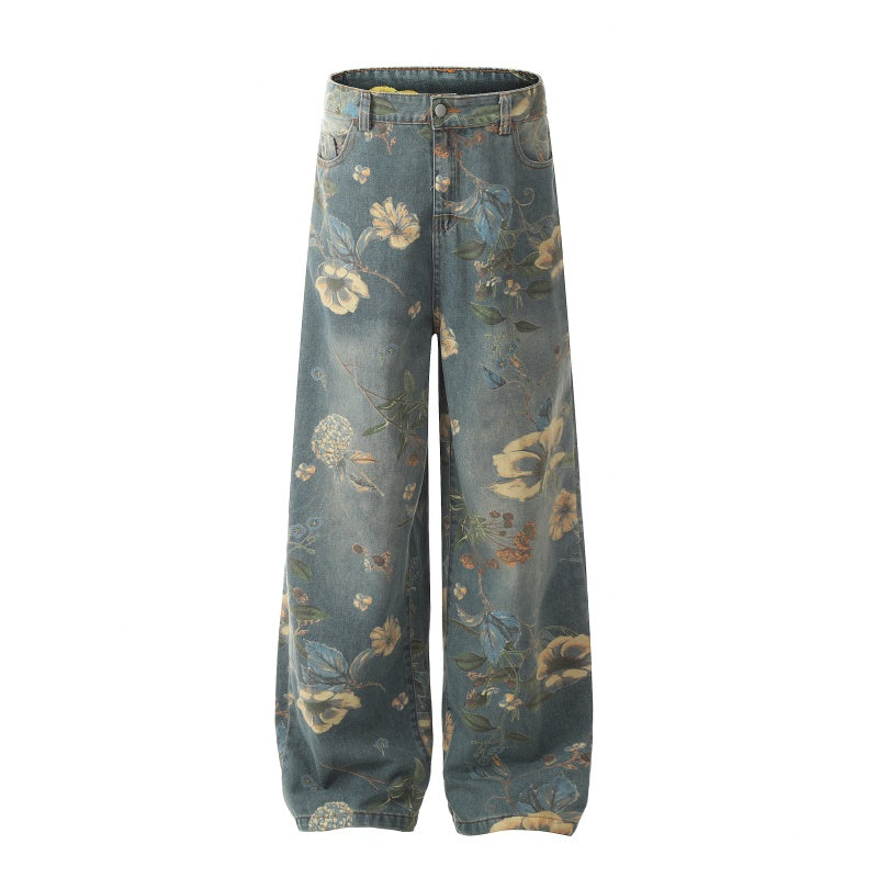 American-style streetwear harem pants Bohemian Floral Print Relaxed Fit Denim, Faded Retro Flower Trousers