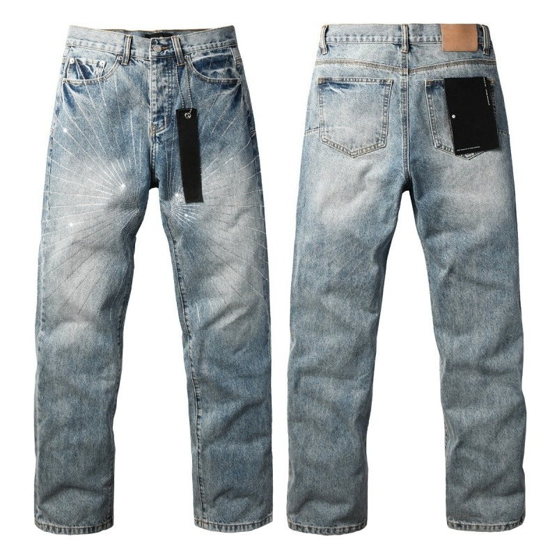 Purple brand Jeans High-quality pure cotton streetwear trousers Rhinestone-embellished loose straight-leg trousers