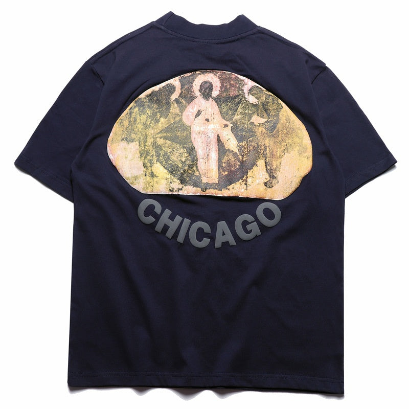 Mens T-shirt Vintage American-style Kanye-style oversized high-neck hip-hop tee featuring "Three Gods" puff print.