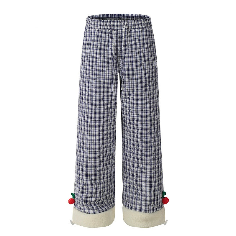 American-style streetwear harem pants Blue Check Plush Lined Cherry Decor Wide Cotton-padded trousers