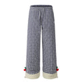 American-style streetwear harem pants Blue Check Plush Lined Cherry Decor Wide Cotton-padded trousers