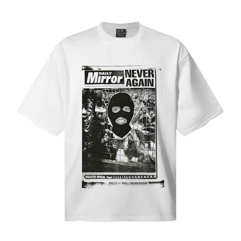 Saint Michael T Shirts White Oversized Daily Mirror Never Again Balaclava Mask Front Print