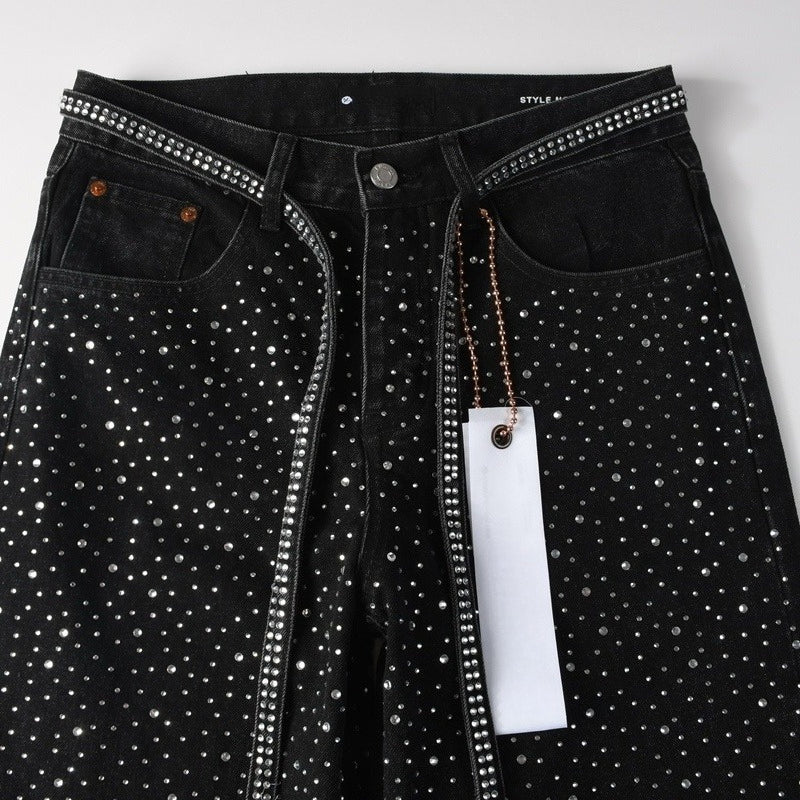 Purple brand Jeans High-quality pure cotton streetwear trousers Rhinestone-embellished loose straight-leg trousers Comes with a belt