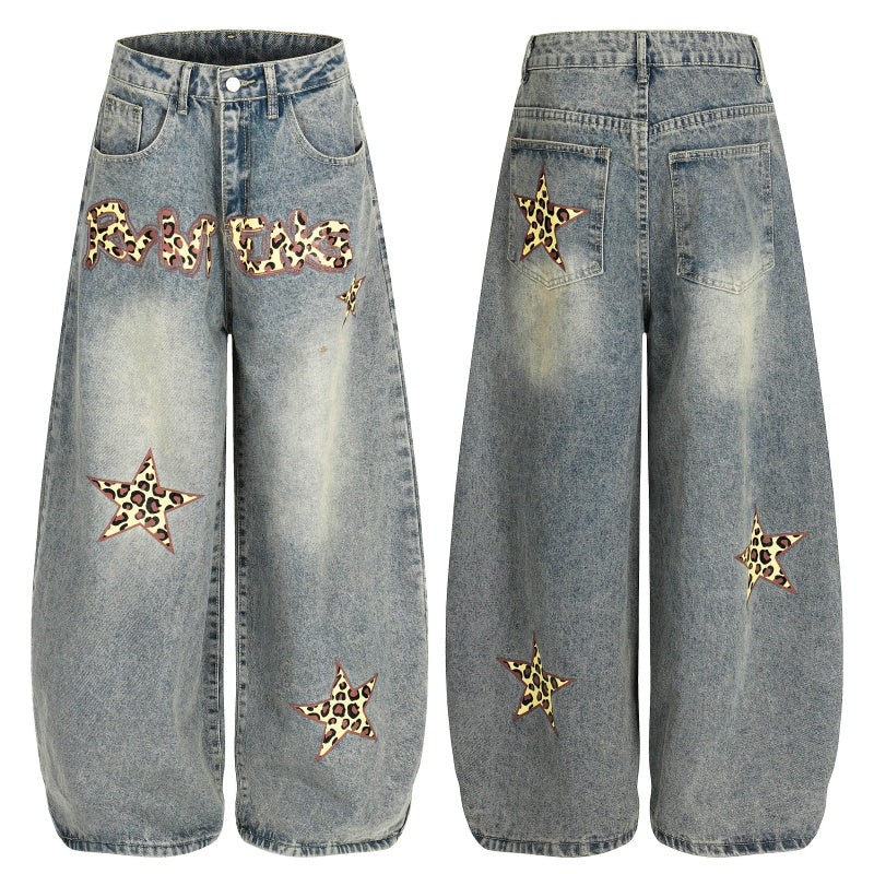 American-style streetwear harem pants Washed Leopard Star Letter Baggy Denim