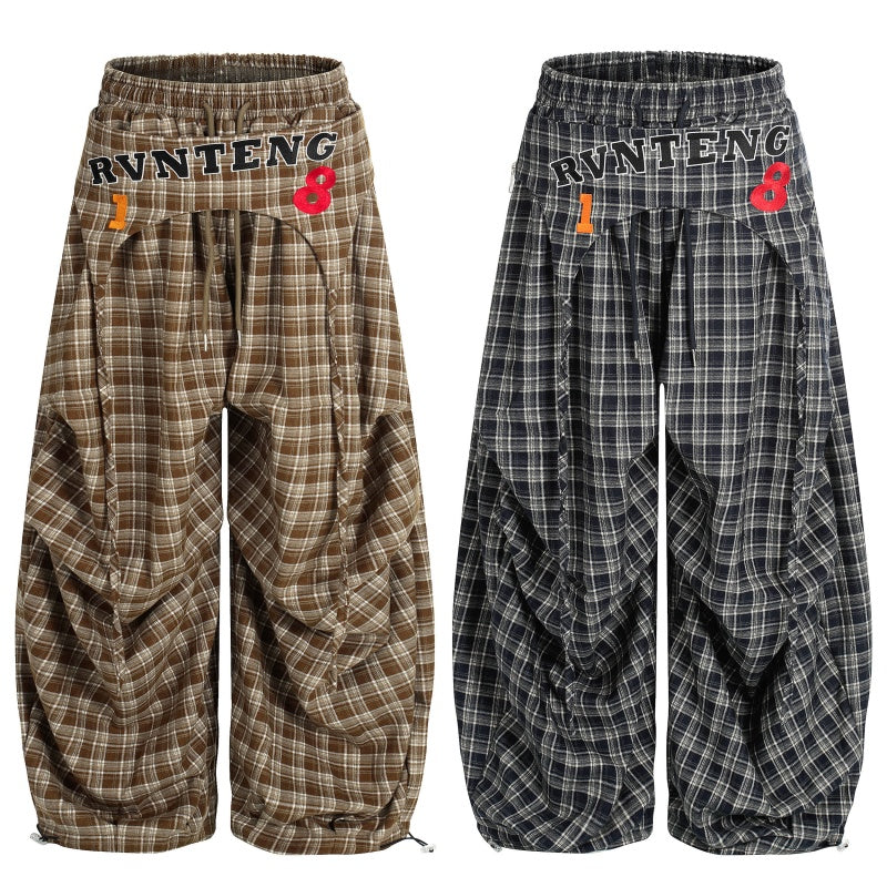 American-style streetwear harem pants Pleated Plaid Letter Number Wide Trousers