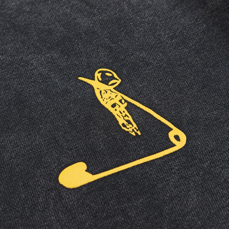 ERD Hoodie Distressed Stone Wash Top Multi-Panel Yellow Barcode Text & Schematic Artwork