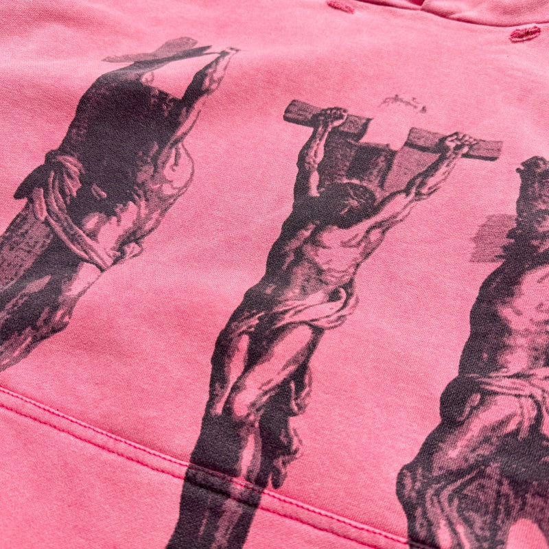 Unisex Vintage Hoodie "Three Jesus" Limited Edition Washed & Distressed Hoodie — featuring multi-area hand-distressing, custom fabric matched to the original in texture and color, and a heavyweight enzyme-washed finish for a faded, vintage look.