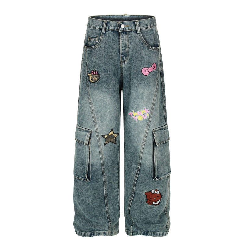 American-style streetwear harem pants Cute Bow Star Graphic Baggy Cargo Denim