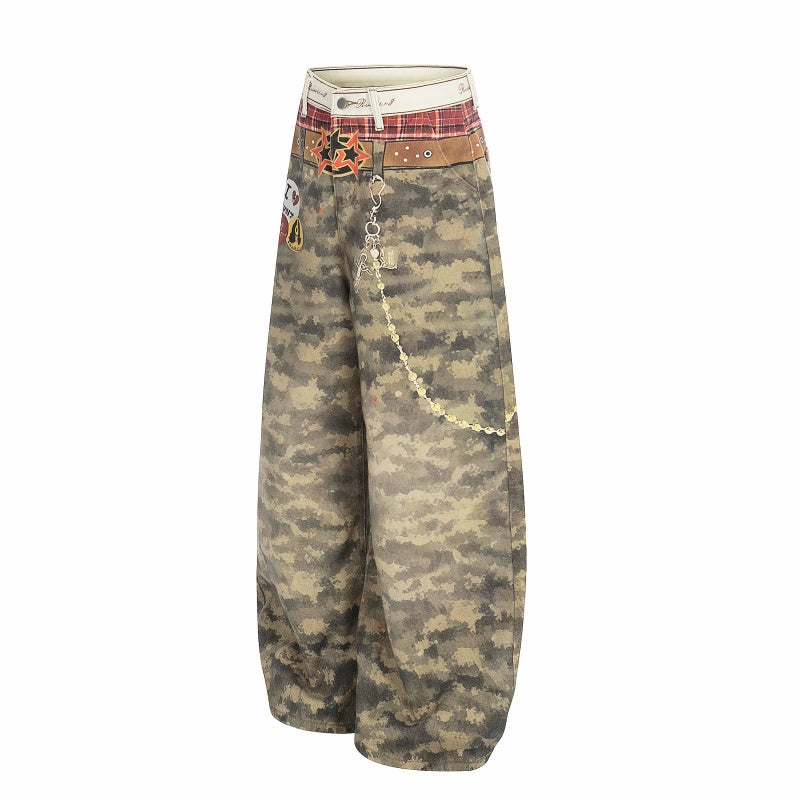 American-style streetwear harem pants Camo Patch Chain Accent Barrel Trousers