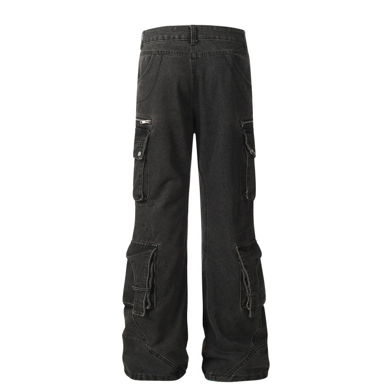 American-style streetwear harem pants Loose Fit Multi Pocket Flared Cargo Jeans, Streetwear Washed Trousers