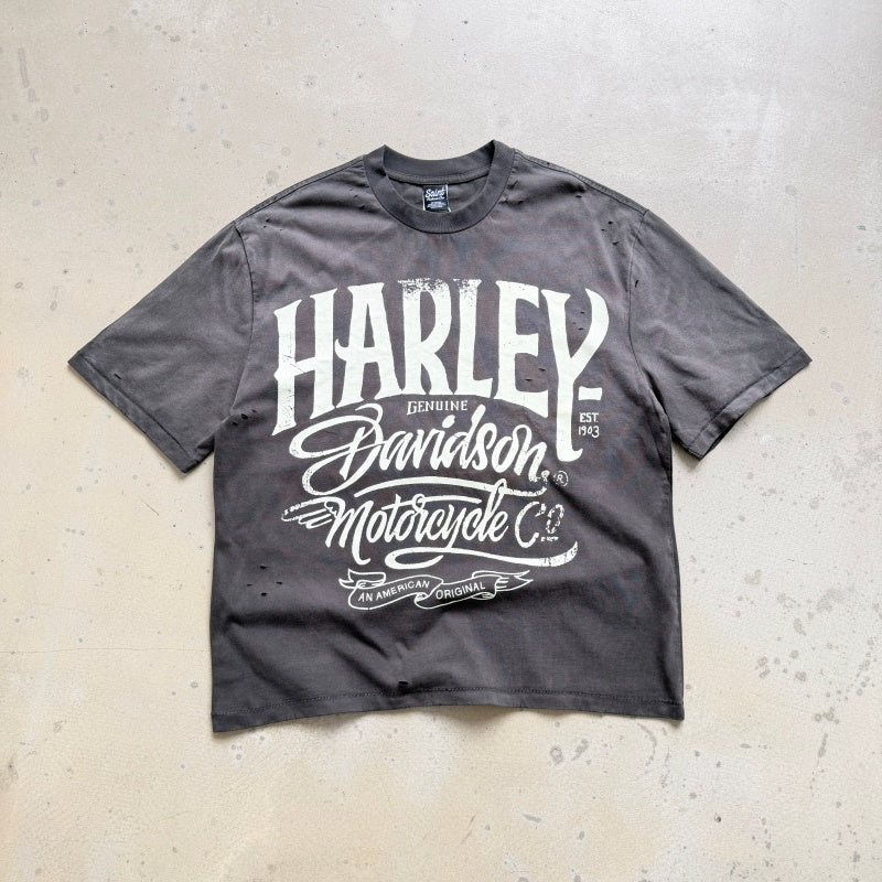 Unisex Vintage T Shirts Saint X BerBerJin X Harley three-way collaboration. Heavyweight 280g fabric (post-wash weight). Vintage construction featuring single-stitch and blind-stitch detailing. Finished with heavy-duty "monkey-style" spray distressing