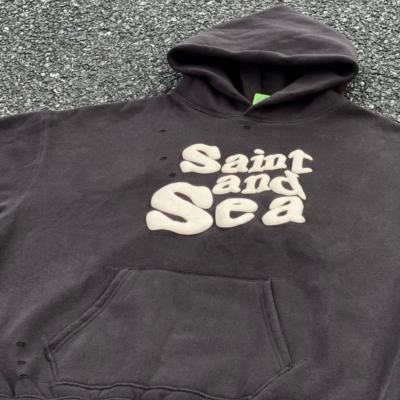 Unisex Vintage Hoodie Saint Michael "Saint & Sea" American Vintage-Style Hoodie with Puff-Print Graffiti Graphics