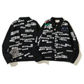 American-style baseball jacket Stu x Tears American High-Street Collaboration: Denim Jacket Featuring All-Over "Barrage" Text Print and Embroidered Cotton Boll Motifs.