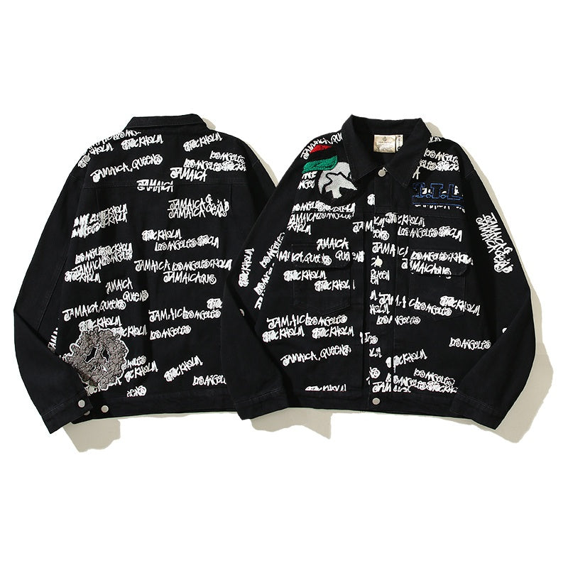 American-style baseball jacket Stu x Tears American High-Street Collaboration: Denim Jacket Featuring All-Over "Barrage" Text Print and Embroidered Cotton Boll Motifs.