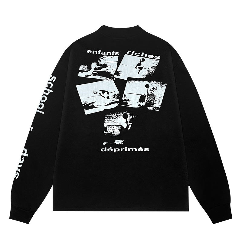 ERD Long sleeved shirt  Monochrome Fragmented Image Long Sleeve Front Text Portrait Design