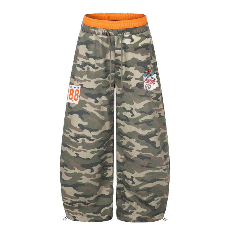 American-style streetwear harem pants Contrast Waist Camo Badge Graphic Loose Casual Pants