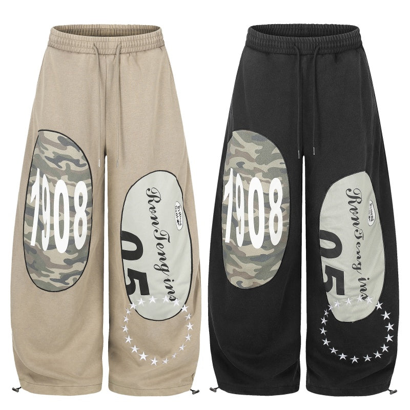 American-style streetwear harem pants Camo Panel 1908 Letter Loose Barrel Trousers