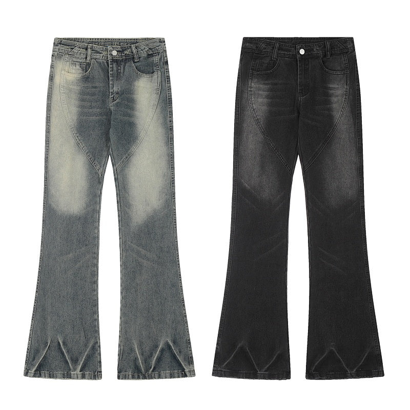 American-style streetwear harem pants Panel Seam Bleached Effect Wide Flare Denim