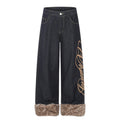 American-style streetwear harem pants Cursive Script Fur Cuff Wide Denim
