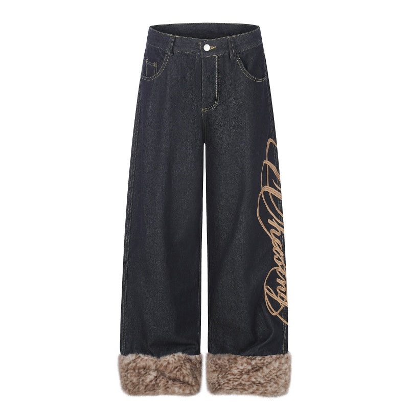 American-style streetwear harem pants Cursive Script Fur Cuff Wide Denim