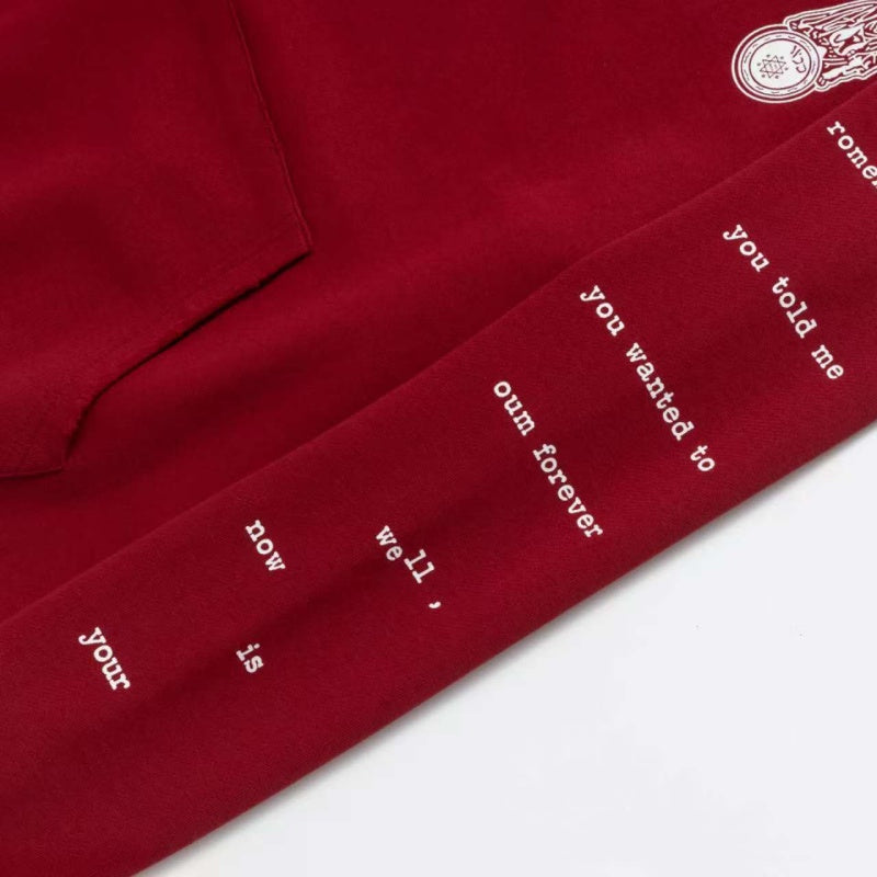 ERD Hoodie Burgundy Pigment Washed Oversized Pullover Chest Mini Emblem Circular Collage Portrait Back Print Allover Sleeve Graphics